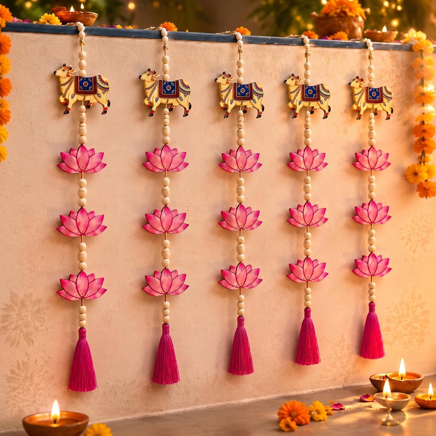 Wooden Pichwai Hanging Ornaments, Set of 12, Cow and Lotus Motif