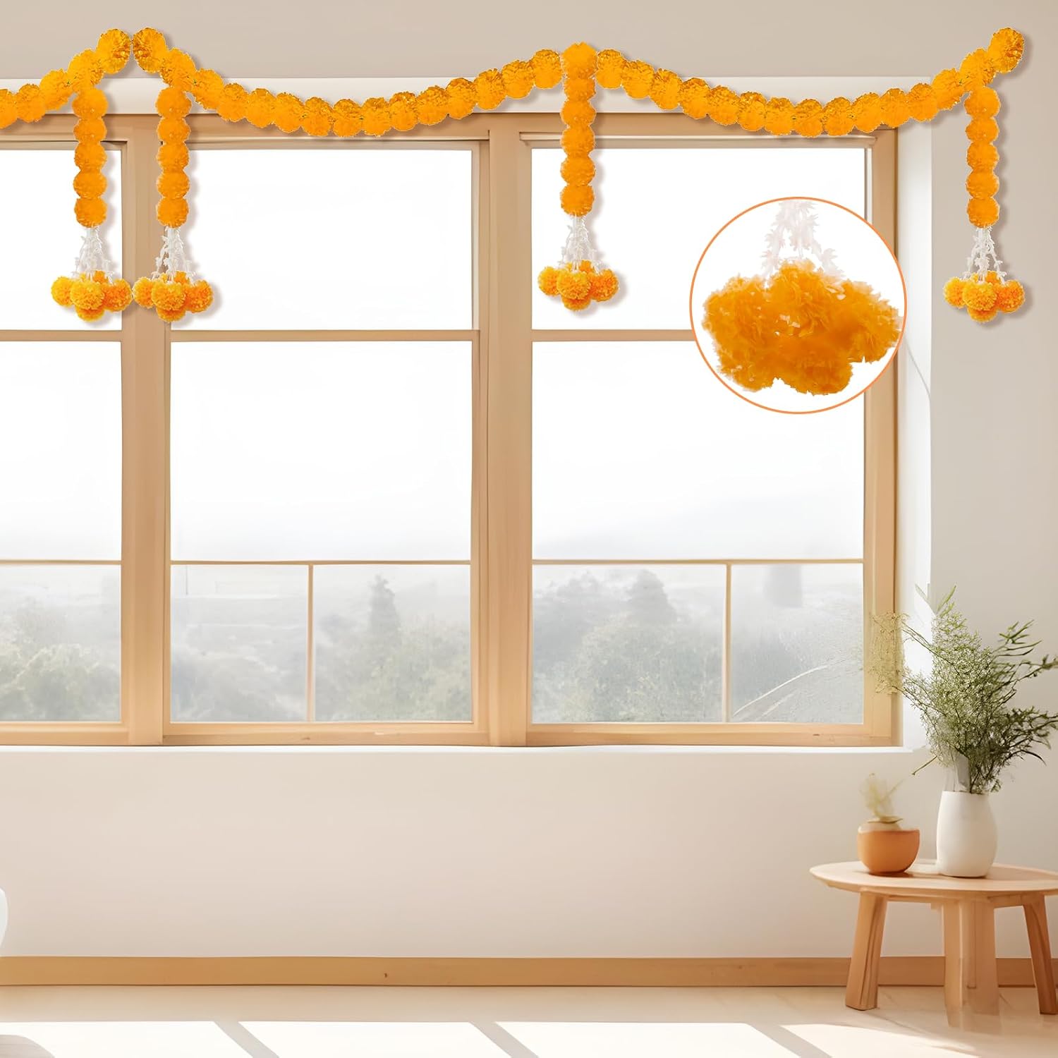 Artificial Marigold Garland in Orange and Yellow Fabric