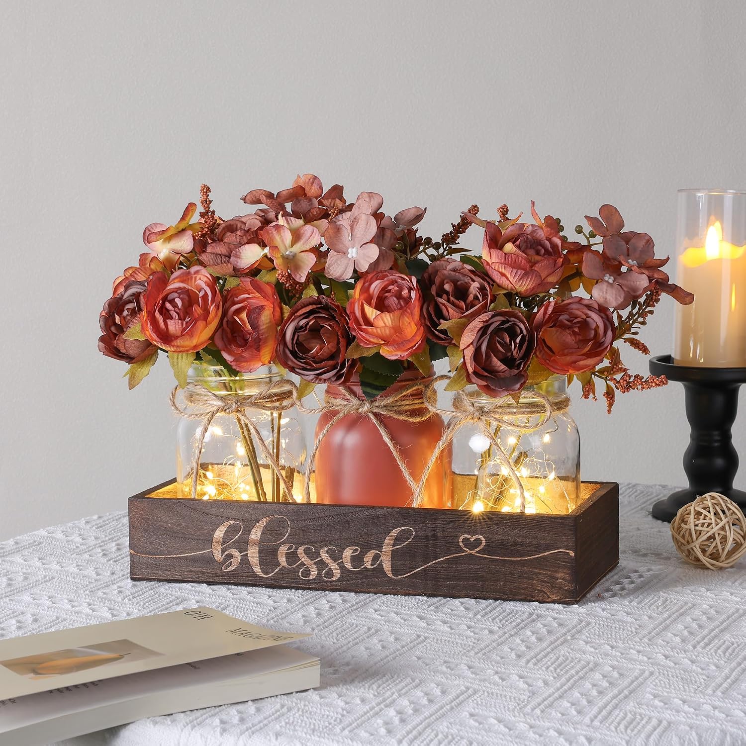 Mason Jar Centrepiece Set of Three on a Wooden Tray