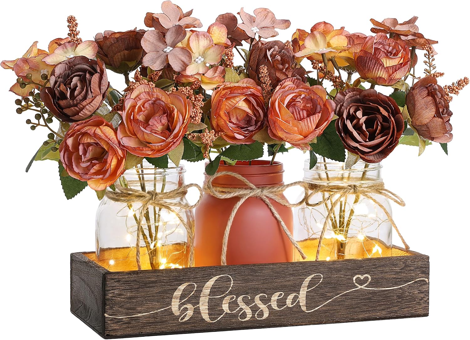 Mason Jar Centrepiece Set of Three on a Wooden Tray