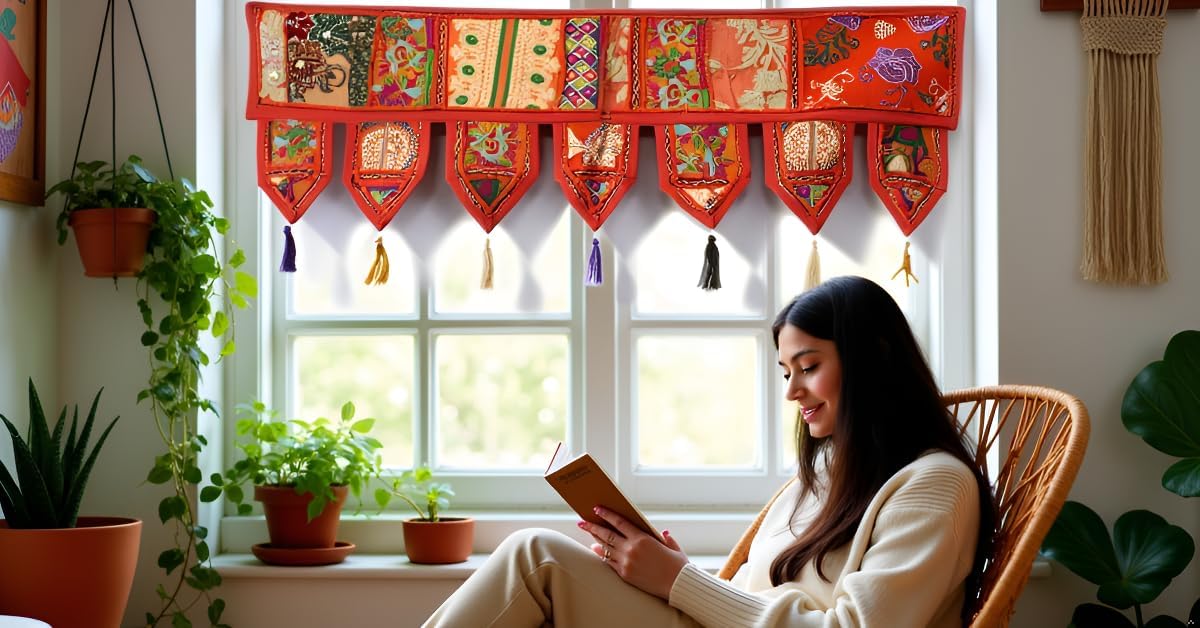 Embroidered Cotton Valance with Vintage Patchwork Panels