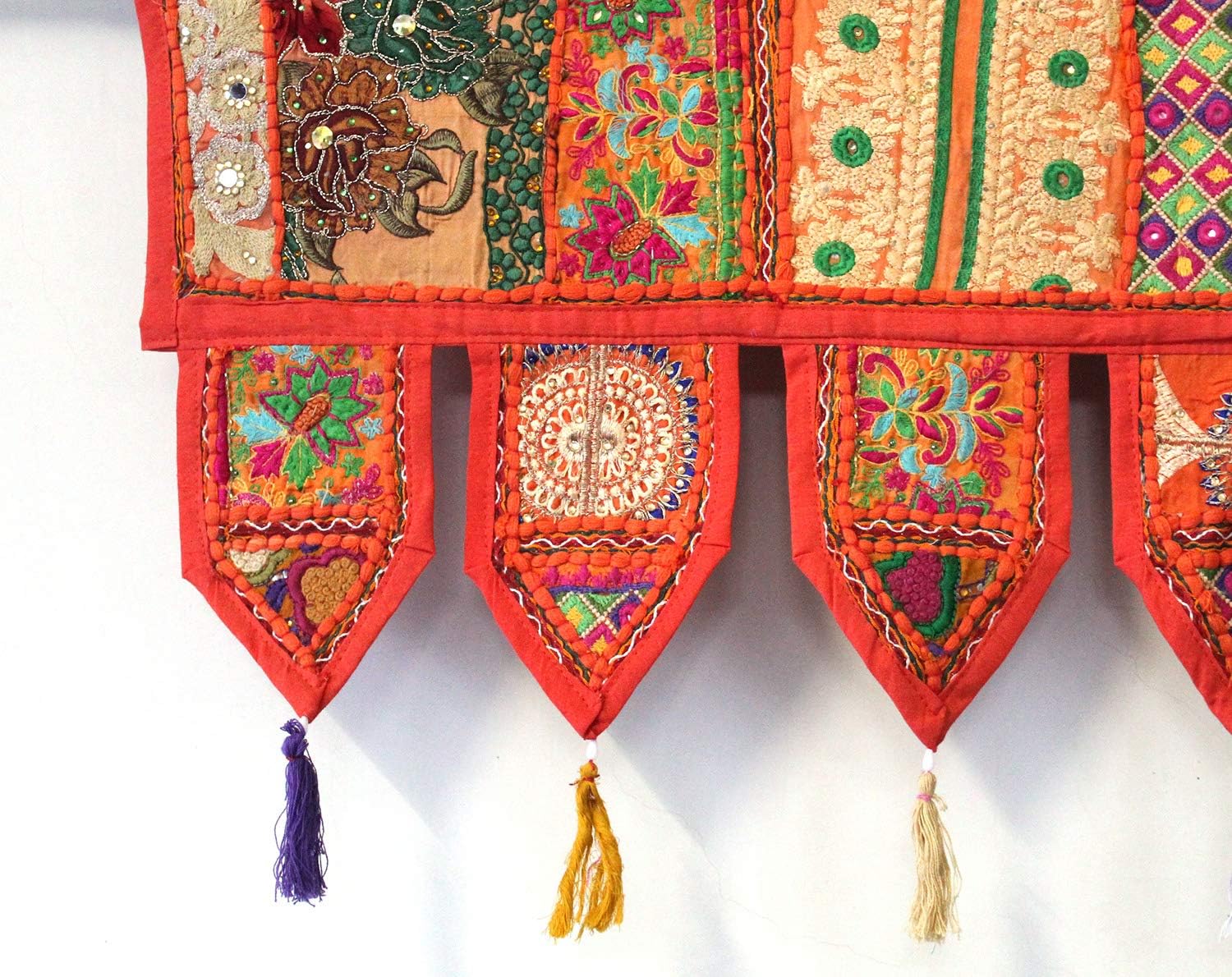 Embroidered Cotton Valance with Vintage Patchwork Panels