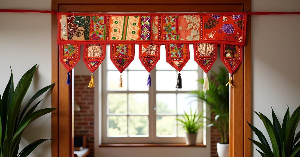Embroidered Cotton Valance with Vintage Patchwork Panels