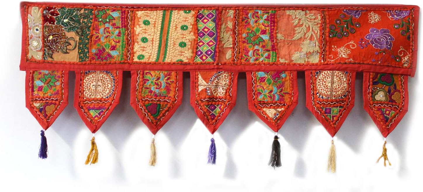 Embroidered Cotton Valance with Vintage Patchwork Panels