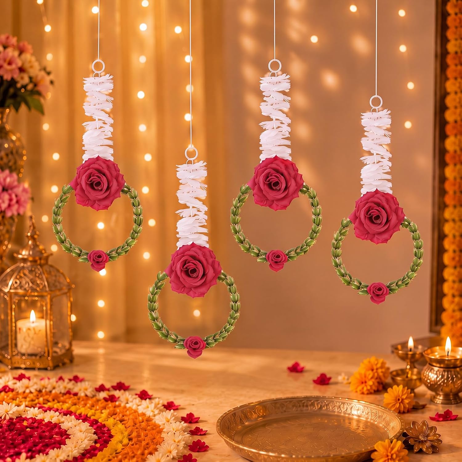 Artificial Rose Garlands, Set of Four, with Pearl Accents
