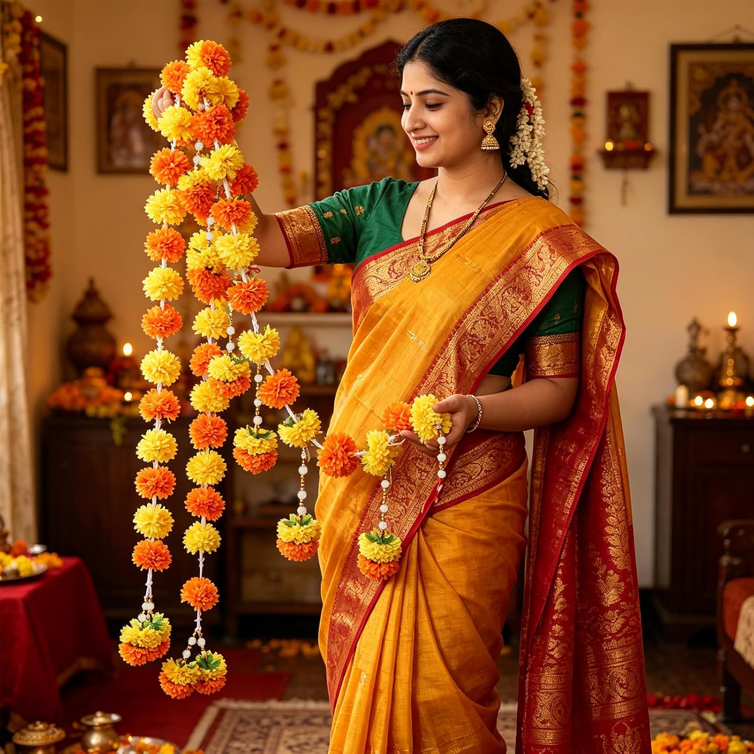Fabric Marigold Garland with Full Blossom Heads