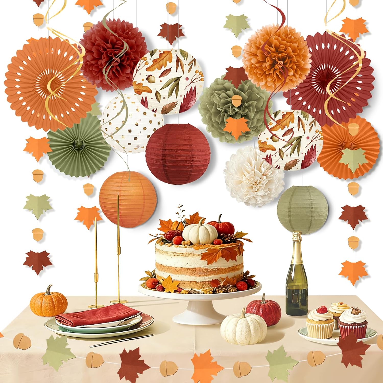 Autumn Paper Fan and Leaf Hanging Decoration Set