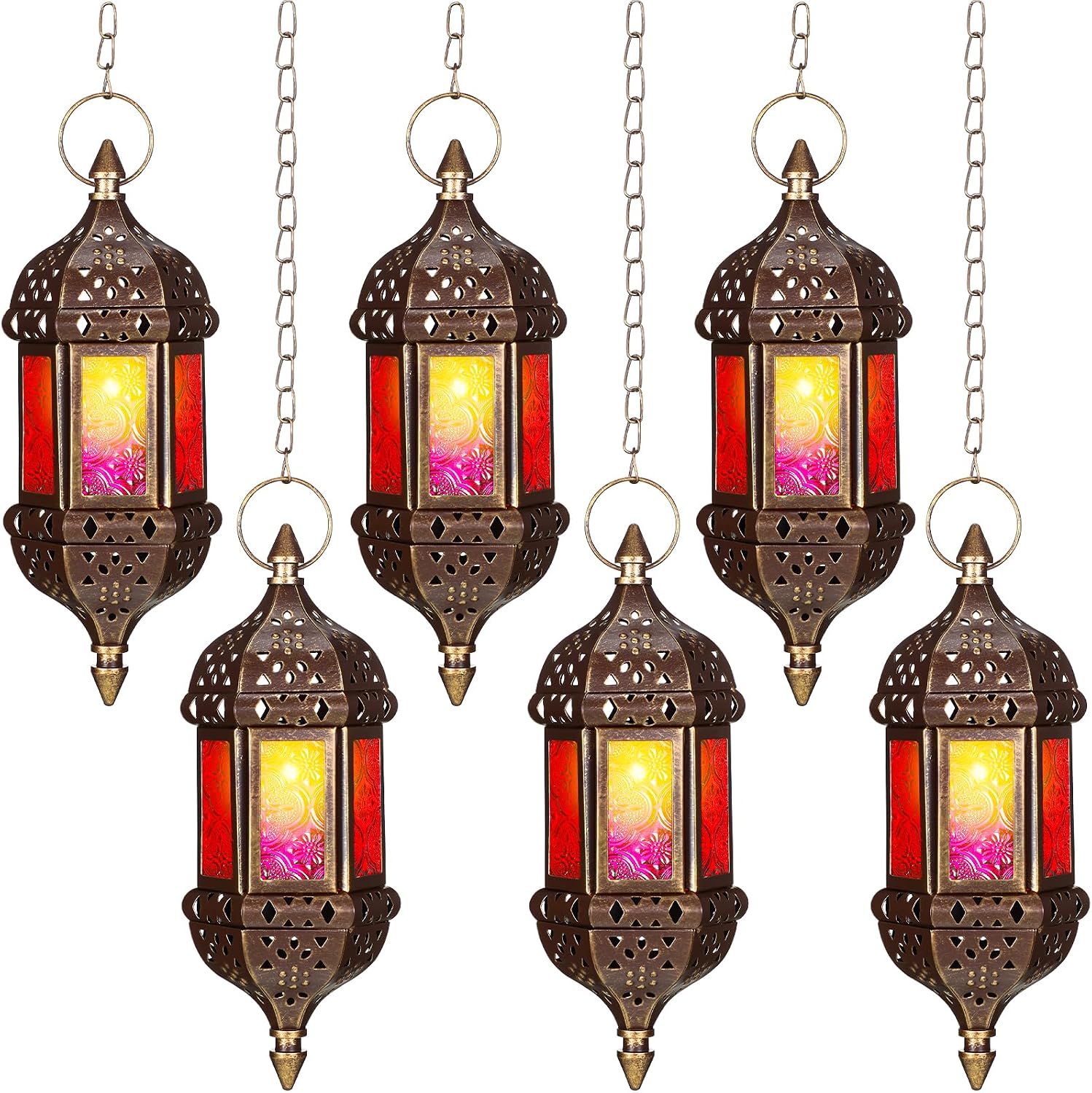 Moroccan Hexagonal Hanging Candle Lantern in Red Glass
