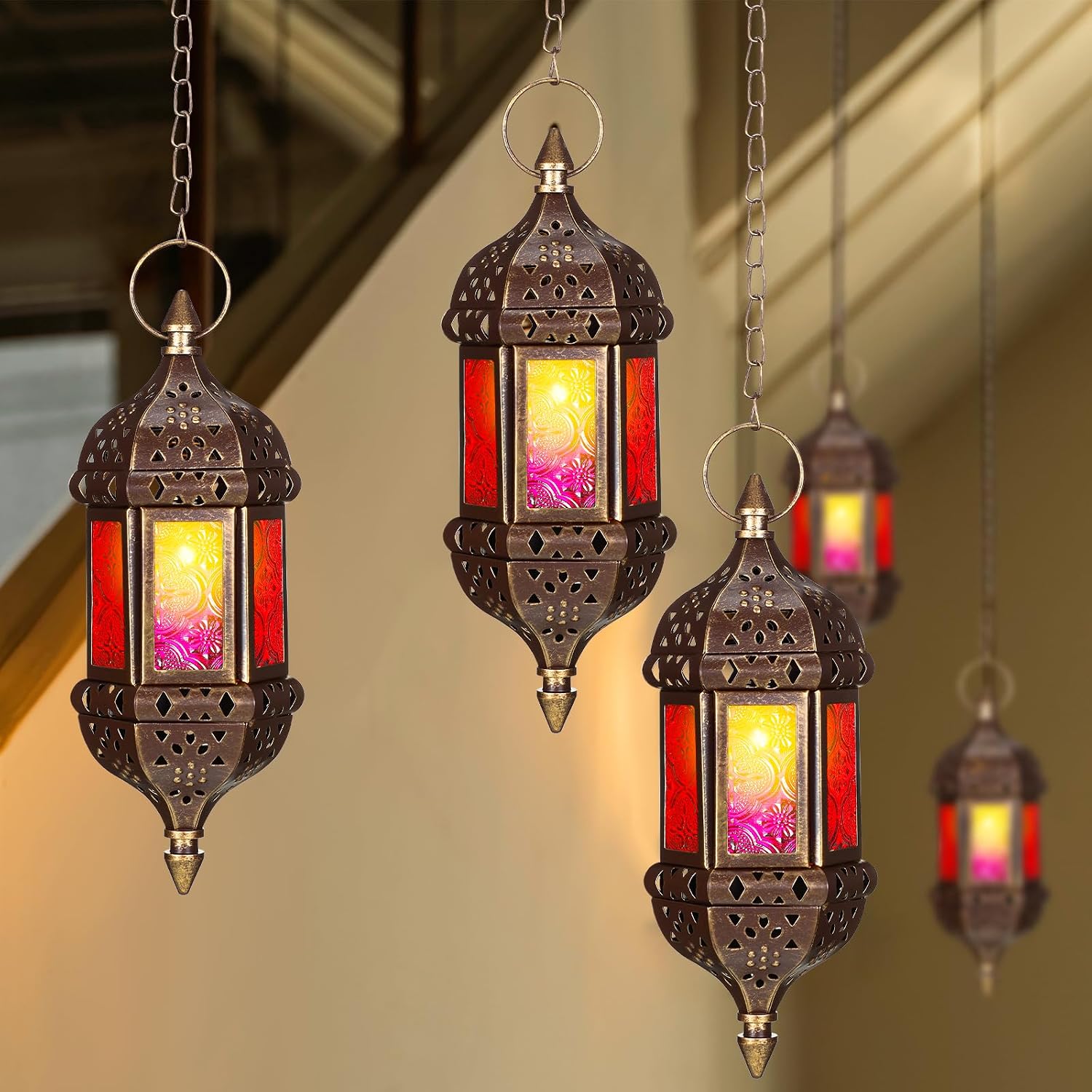 Moroccan Hexagonal Hanging Candle Lantern in Red Glass