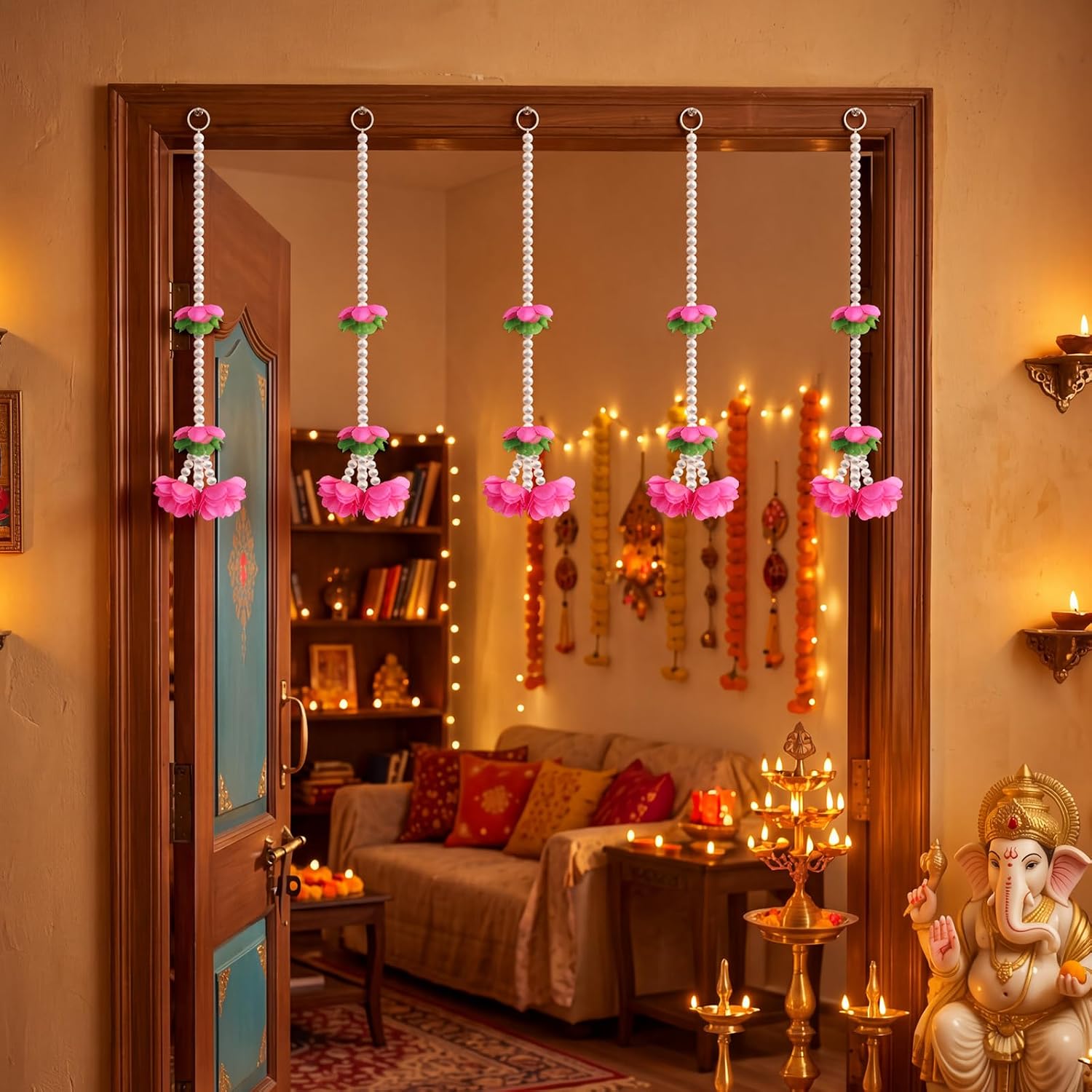 Artificial Jasmine Garland with Layered Blossoms and Pearls